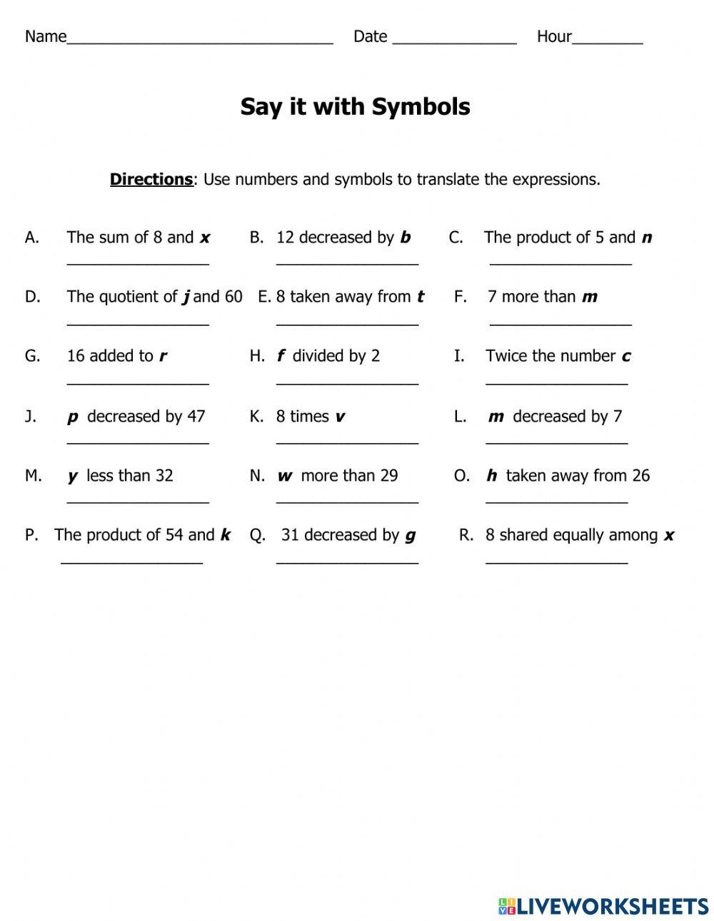 writing math expressions worksheets